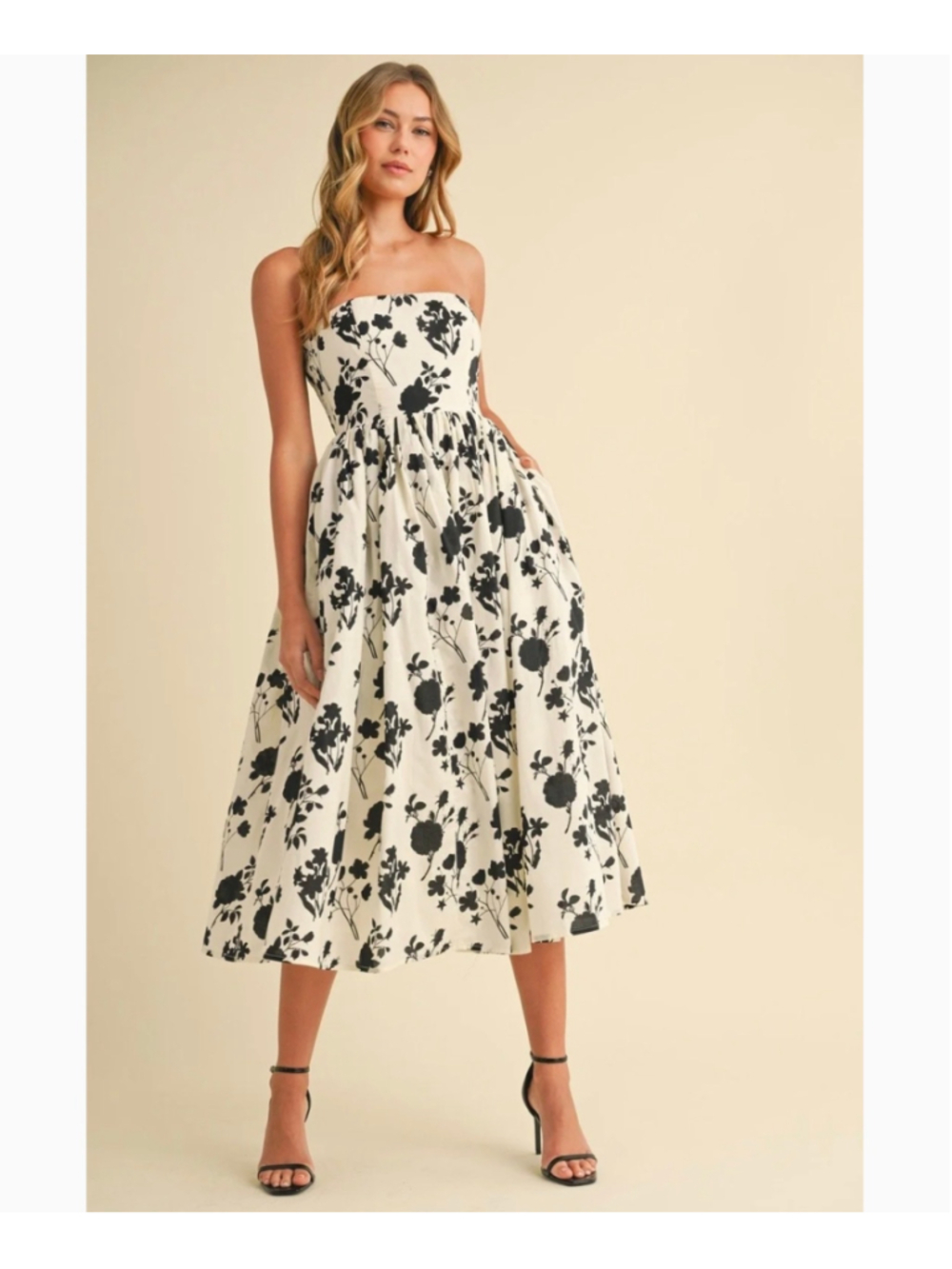 Jondie Women’s Ivory And Black Floral Strapless A Line Midi Dress Size Large NEW